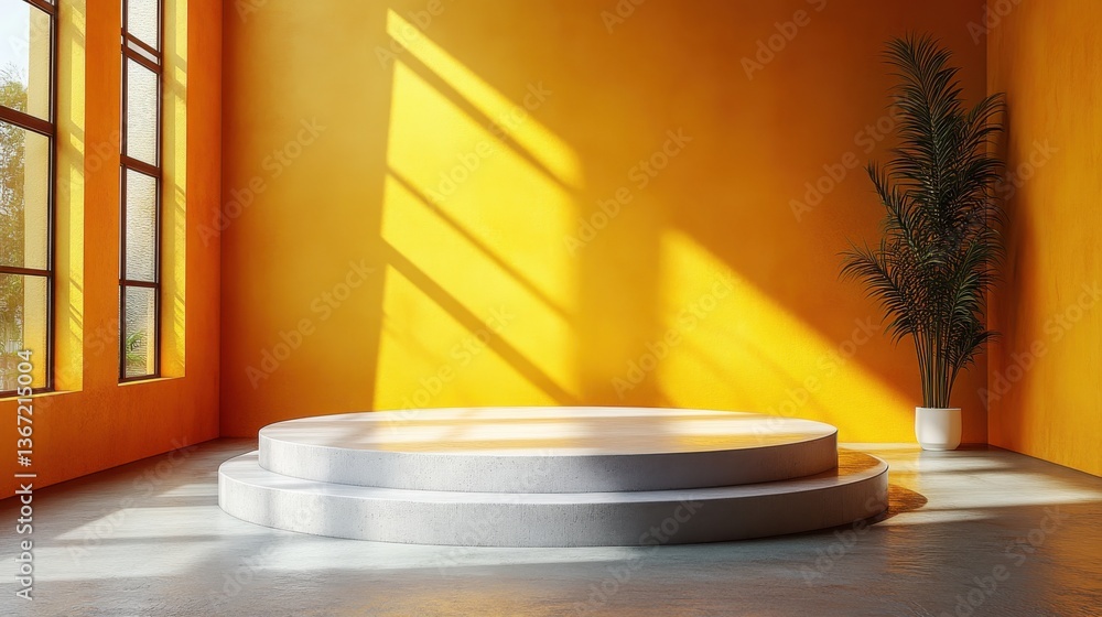 Poster abstract pedestal of platform display with modern stand podium on yellow room background blank exhib