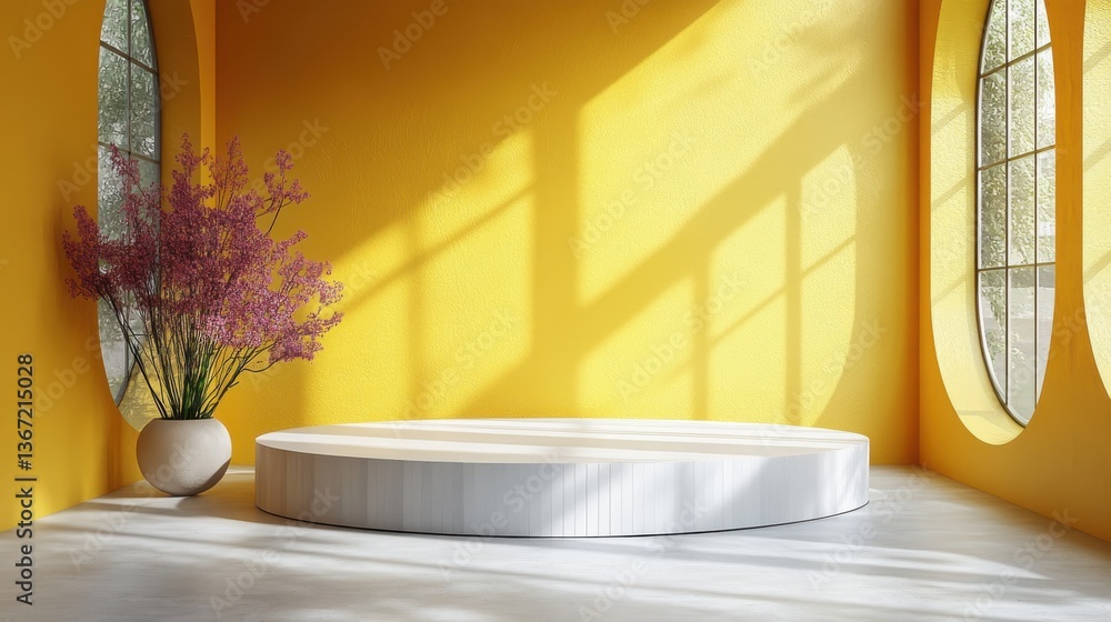 Poster abstract pedestal of platform display with modern stand podium on yellow room background blank exhib