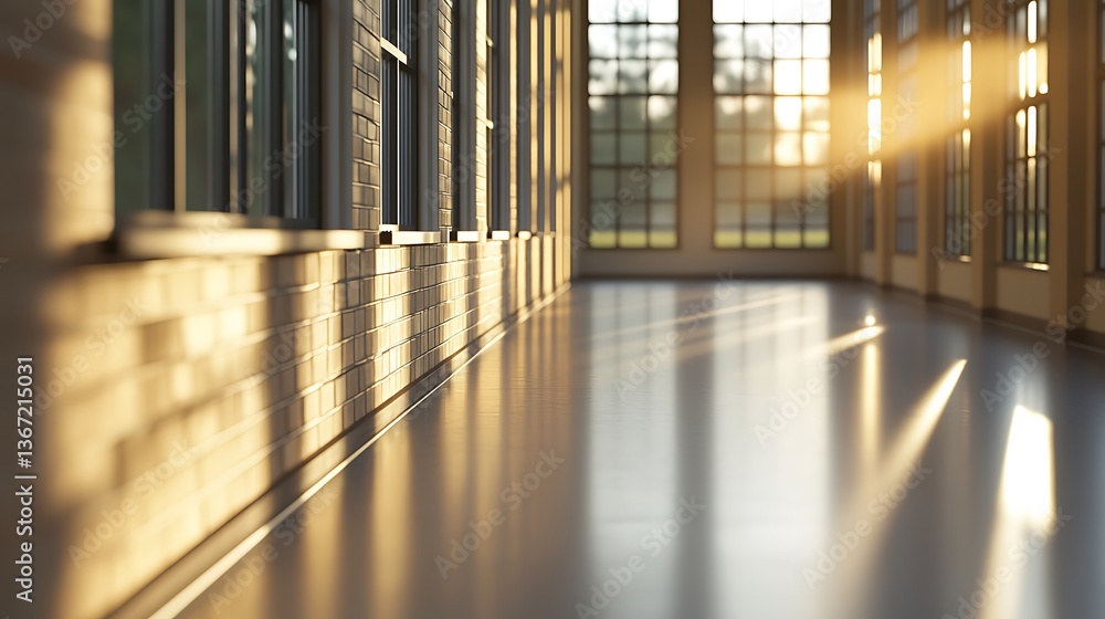 Poster a sunlit corridor with large windows casting shadows on a polished floor, creating a serene and invi