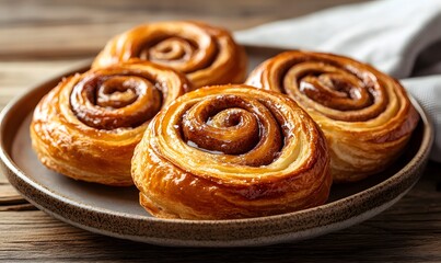 freshly baked cinnamon Danishes arranged on a rustic ceramic plate, Generative AI