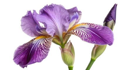 Purple Iris Flower with Unique Petal Patterns, Isolated on a White Background, known for its symbolism of wisdom and faith, Professional Botanical Photography