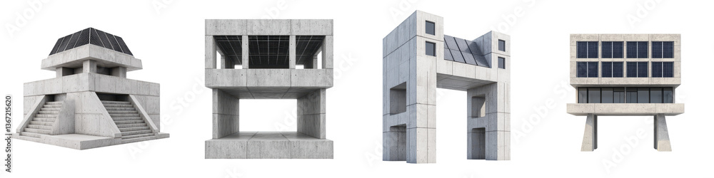Poster a series of minimalist geometric concrete buildings with striking architectural features and pattern