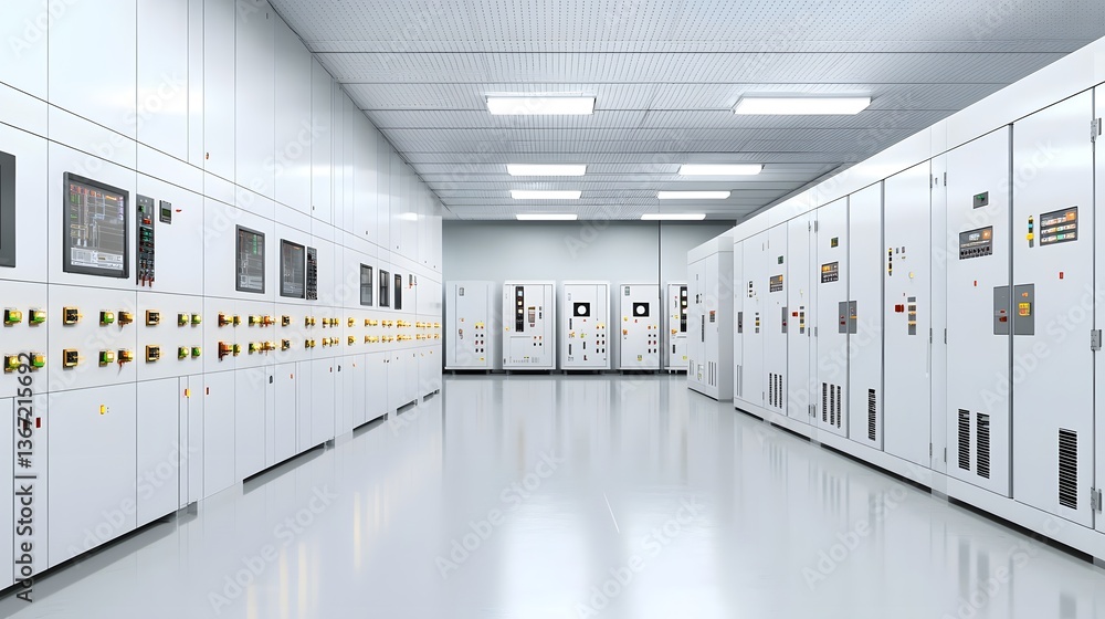 Poster futuristic smart manufacturing plant with advanced automated electrical systems and robotic machiner