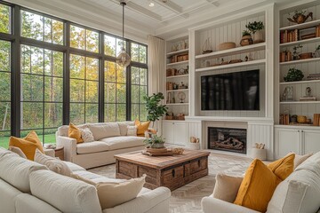 Bright farmhouse-style family room with herringbone oak flooring, light sofas, built-in bookshelves, yellow accent pillows, and modern pendant lighting.