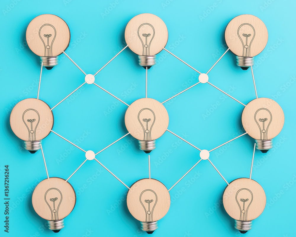 Poster innovative ideas connect through network of light bulbs symbolizing creativity and collaboration in 