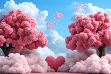 Pink fluffy trees, heart, sky