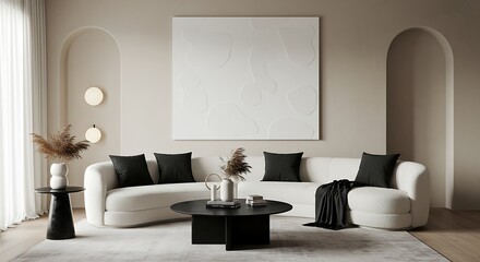 Minimalist, japandi style interior design of modern living room.
