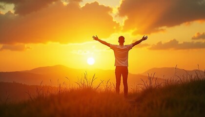 Peaceful Man Embracing Life Against Golden Mountain Sunset