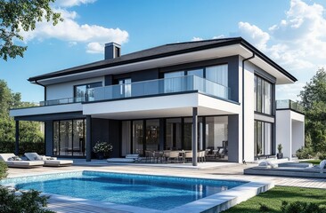 Fototapeta premium Modern luxury home with pool and deck. Spacious, contemporary design with a covered outdoor living area and swimming pool. Exterior features a combination of white and dark gray accents