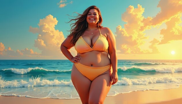 Woman smiling in beachwear at sunset by the ocean  