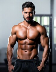 A handsome man with dark hair, muscular body in a gym