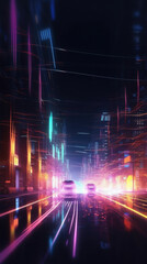 Cyberpunk abstract light trails with motion blur, glowing futuristic cityscape for mobile wallpapers, game UI, and tech ads