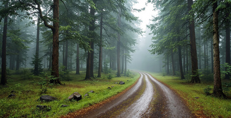 Fototapeta premium Serene forest path winding through tall trees with misty atmosphere, lush green grass, and scattered rocks, creating a peaceful nature landscape. Ai generative