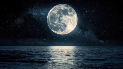 Fototapeta premium Full Moon Illuminating Calm Ocean Waters Under a Starry Night Sky with Mystical Reflection