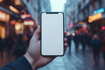mobile device held in hand blank screen display blurred city street bustling backdrop template promotion