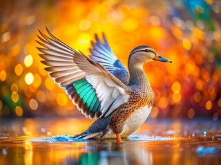 Obraz premium Abstract Gadwall Wings: Colorful Bird in Flight, High-Resolution Stock Photo