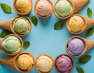 Top View of Colorful Ice Cream Cones Arrangement