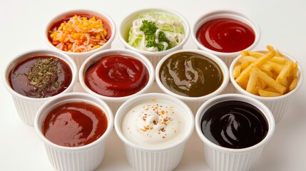 Variety of fast food sauces in little cups