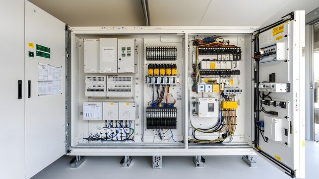 Detailed view of a neatly organized electrical control panel featuring various circuit breakers wiring diagrams and other electrical components for power distribution and control