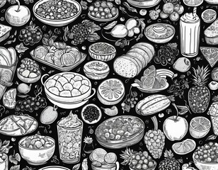 Seamless Black and White Hand-Drawn Food Pattern