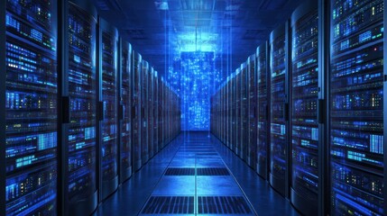 Obraz premium Server Room Interior with Digital Data Visualization