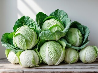 Fototapeta premium Group of fresh green cabbages arranged on a wooden table