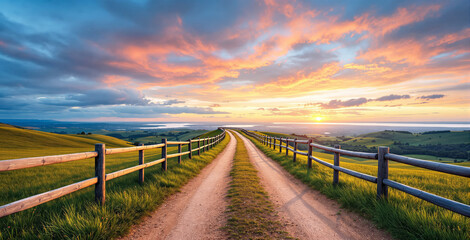 Fototapeta premium Dirt road with wooden fences leading to horizon under colorful sunset sky, surrounded by green hills. Idyllic nature background. Ai generative