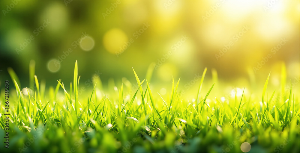 Poster lush green grass in close-up with bright sunlight, creating a beautiful nature background. the blurr