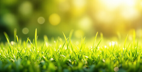 Obraz premium Lush green grass in close-up with bright sunlight, creating a beautiful nature background. The blurred backdrop adds depth and warmth. Ai generative