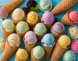 Assorted Ice Cream Cones with Colorful Scoops on Blue Background
