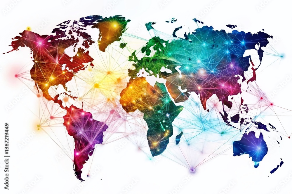 Poster abstract global network: panoramic world map connectivity concept