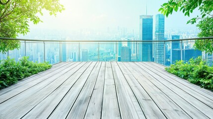 Urban rooftop deck with city view.  Tranquil, modern outdoor space