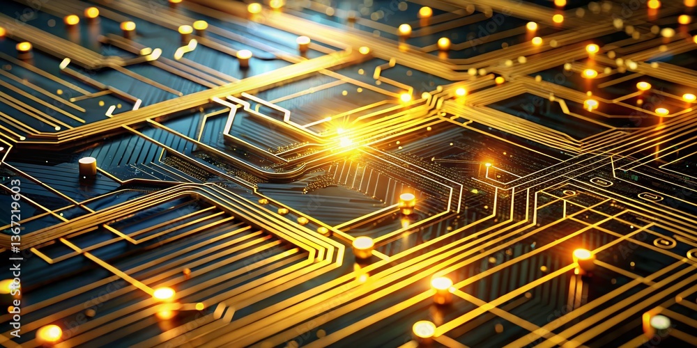 Poster abstract glowing gold circuit board: digital network technology background