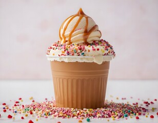 Creamy Vanilla Ice Cream with Caramel and Crunchy Sprinkles