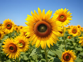 Fototapeta premium Vibrant Sunflowers Blooming Under a Clear Blue Sky Summer, Nature, Field, Agriculture.