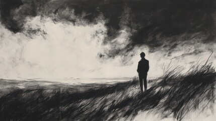 Solitary figure on grassy hill overlooking stormy sky.  Possible stock photo use expressing solitude, contemplation