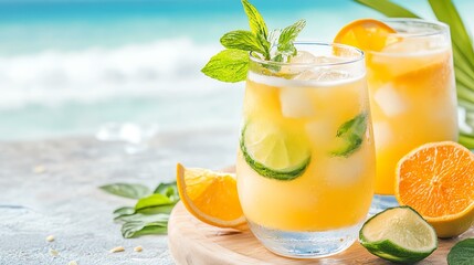 Fototapeta premium Refreshing tropical drinks with citrus fruits, ice, and mint against a beautiful beach.