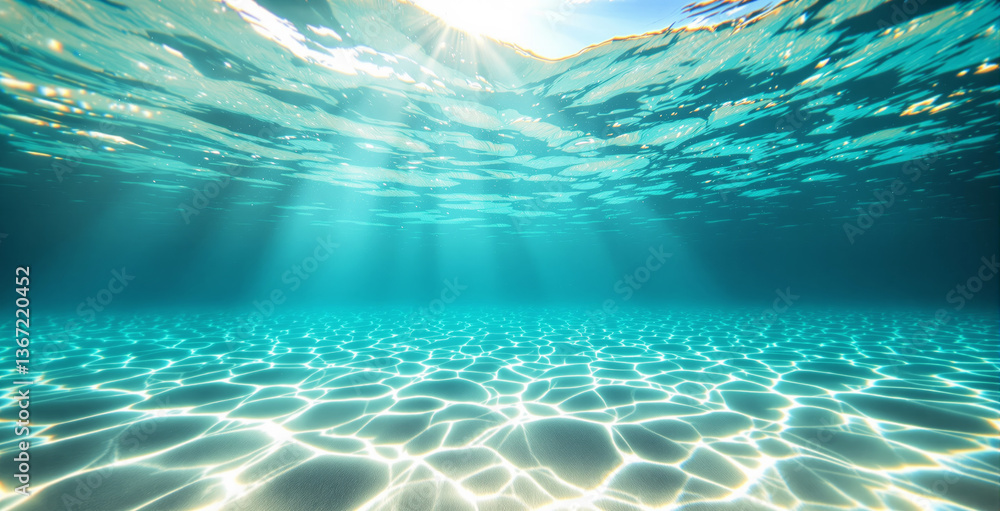 Poster underwater view of a bright ocean scene with sunlight streaming through turquoise water, creating pa