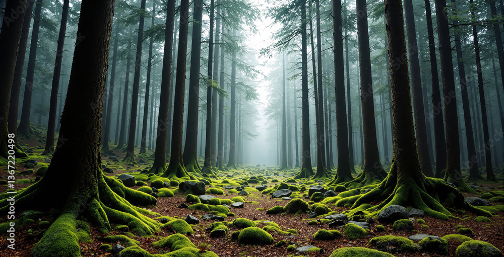 Poster dense forest with tall trees and moss-covered ground in soft misty light. the bright green moss cont