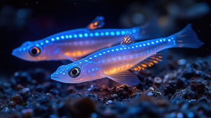 Glowing fish swim ocean floor, dark background, aquarium use