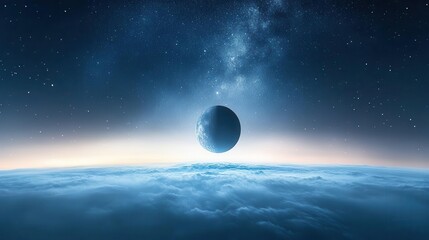 Dramatic View of a Dark Planet Above Clouds Under Starry Night Sky with Bright Celestial Background