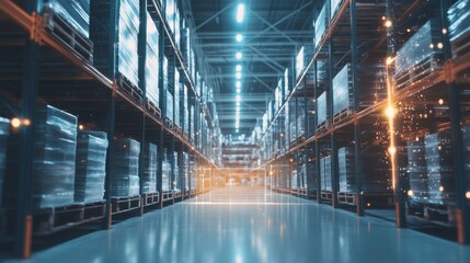 An AI powered smart warehouse system optimizing inventory management, tracking goods and automating stock replenishment in real-time, glowing inventory interface