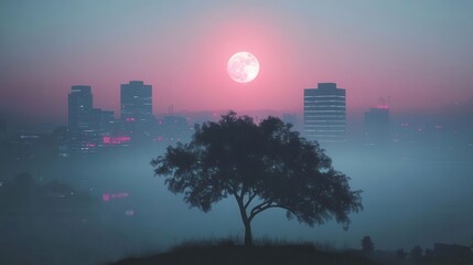 Silhouette of a Tree Against a Misty City Skyline and Majestic Full Moon Rising at Dusk