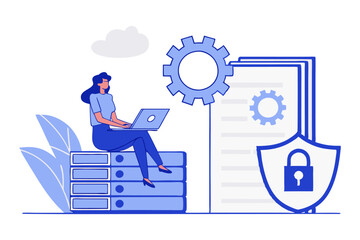 Secure Data Management Illustration. Woman on Server with Laptop, Surrounded by Digital Files, Gears, Cybersecurity Shield Flat Style, Technology, Protection, and System Processes.