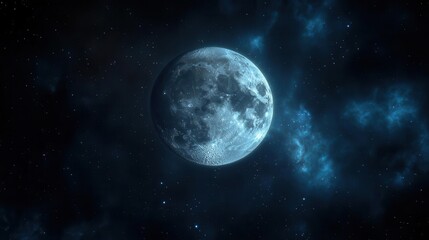 Full Moon Illuminating the Night Sky with Celestial Colors in a Mystical Space Scene