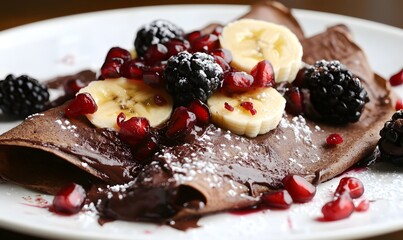 chocolate crepes with blackberries, pomegranate seeds, and banana slices on top, Generative AI