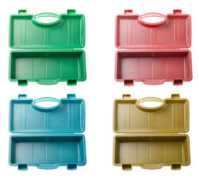 top view opened empty plastic toolbox in four colors isolated on white background