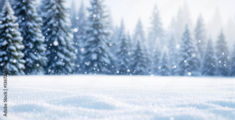 Aufkleber snowfall over a winter landscape with a soft-focus background of evergreen trees. the bright snow an