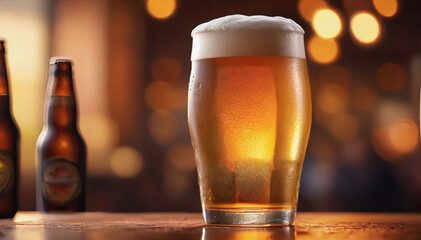 Cup of cold beer refreshing in bar on wooden table in dark background, Cold Beer in mug