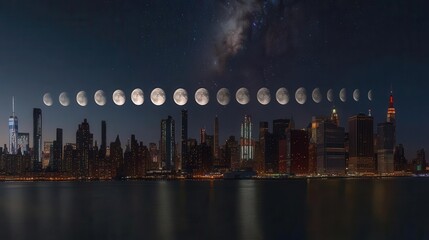 Phases of the Moon Over a Vibrant City Skyline at Night with Stars and Reflections on Water